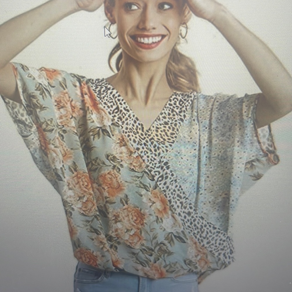 Umgee Sage Mix Blouse New V Neckline sheer Overlap
